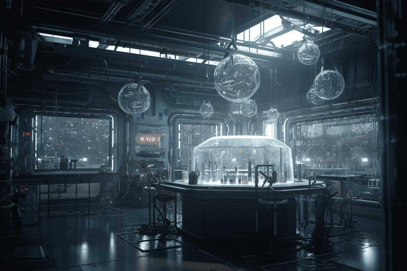 A futuristic laboratory where AInauts use AI and advanced technology to create new forms of life.