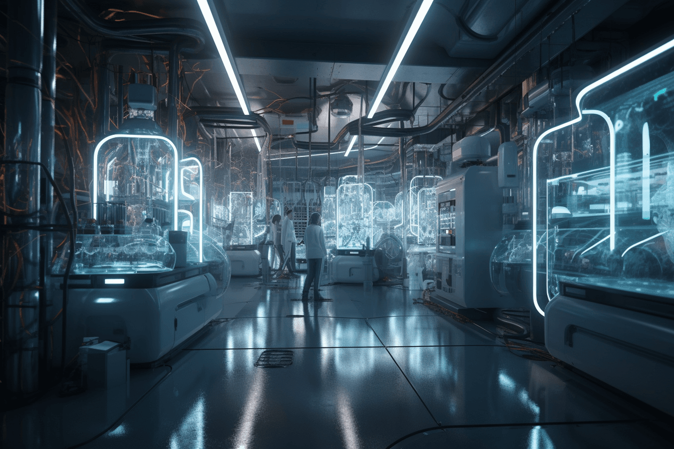 A futuristic laboratory where AInauts use AI and advanced technology to create new forms of life.