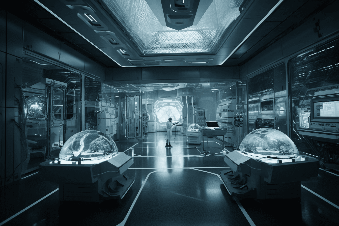 A futuristic laboratory where AInauts use AI and advanced technology to create new forms of life.