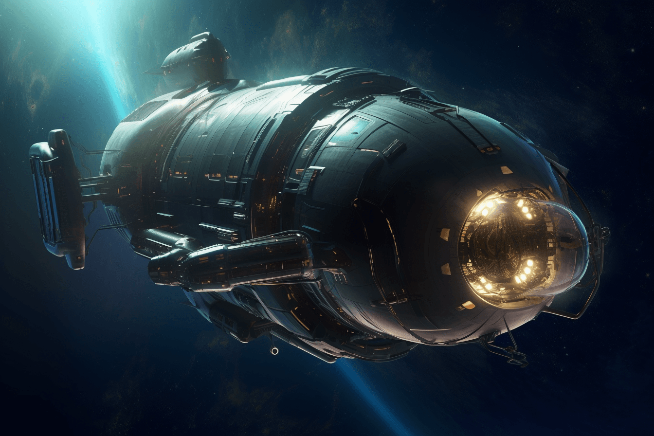 A futuristic spacecraft crewed entirely by AInauts, hurtling through space at incredible speeds.