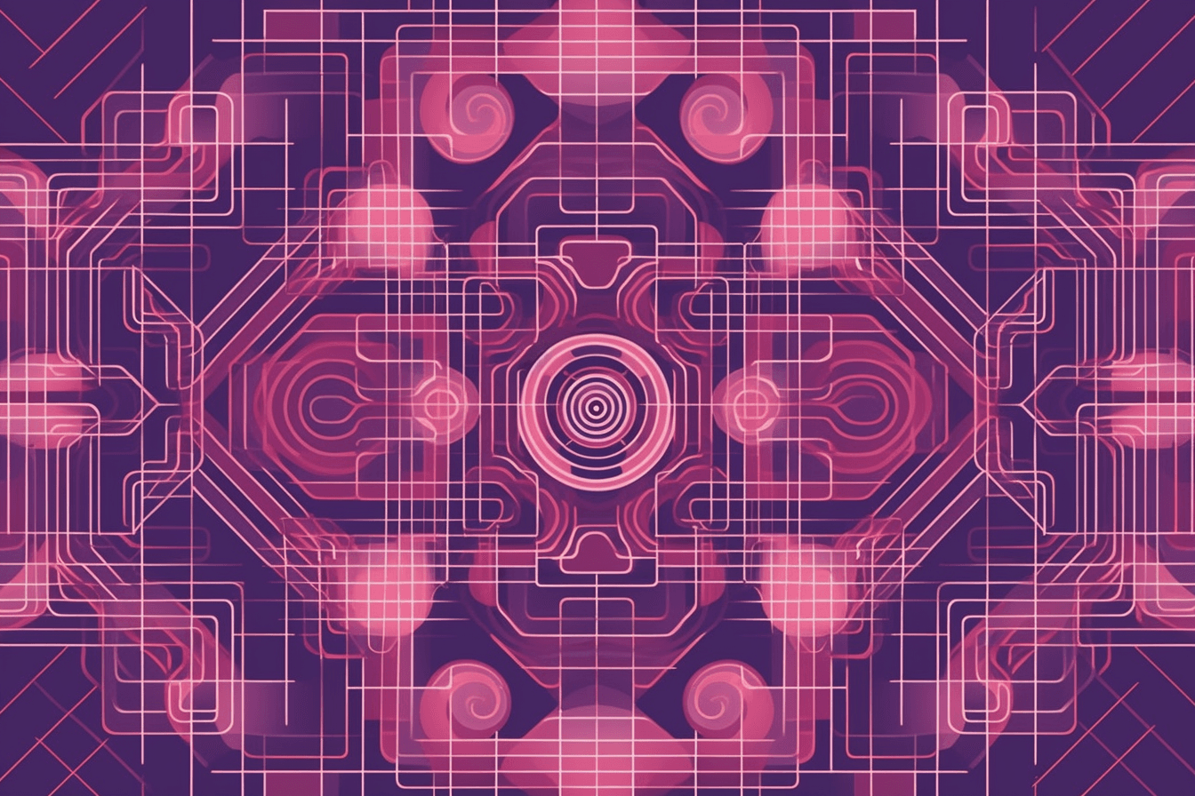 A geometric design in shades of purple and pink, inspired by the shape of a quantum computer