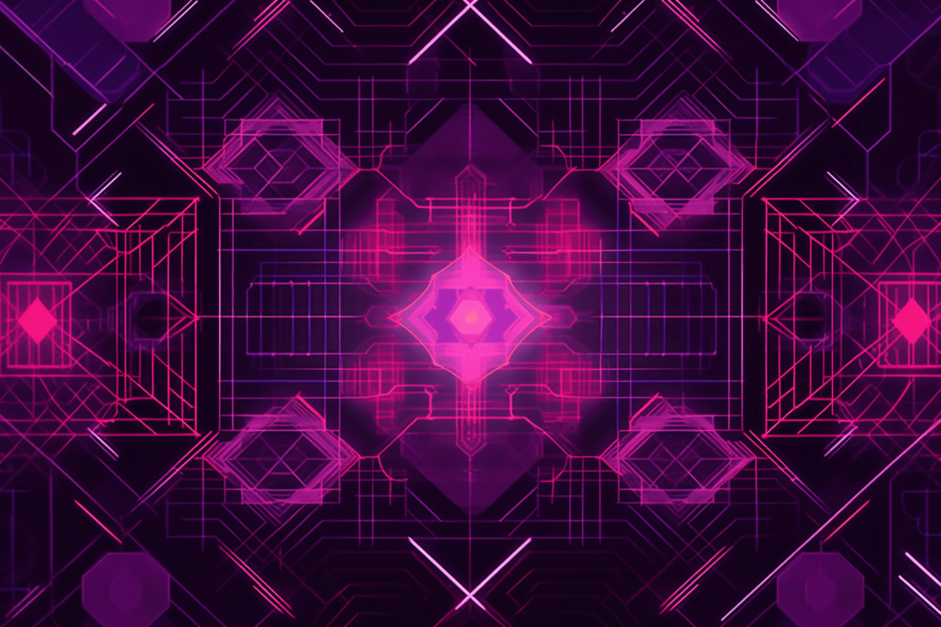 A geometric design in shades of purple and pink, inspired by the shape of a quantum computer