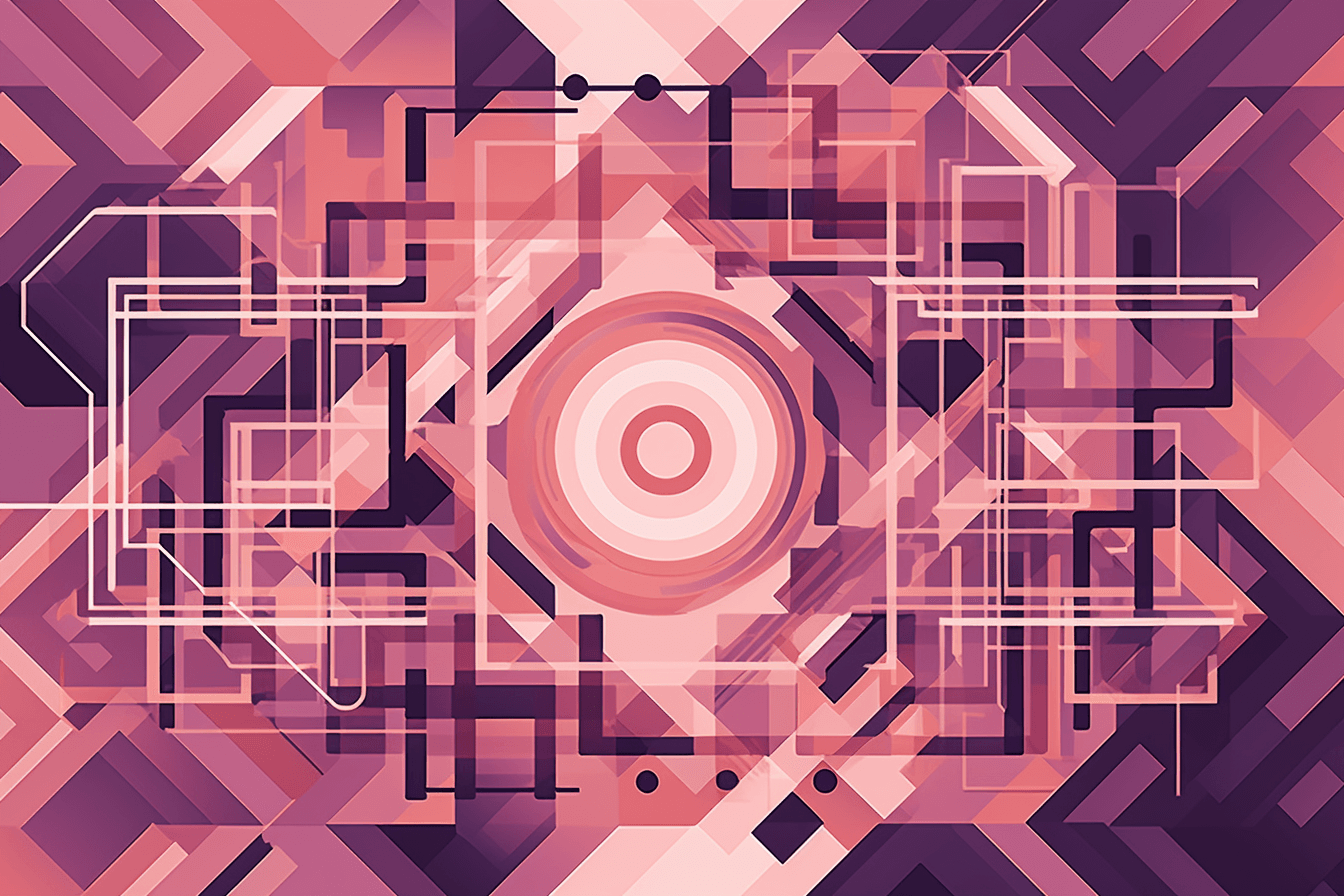 A geometric design in shades of purple and pink, inspired by the shape of a quantum computer