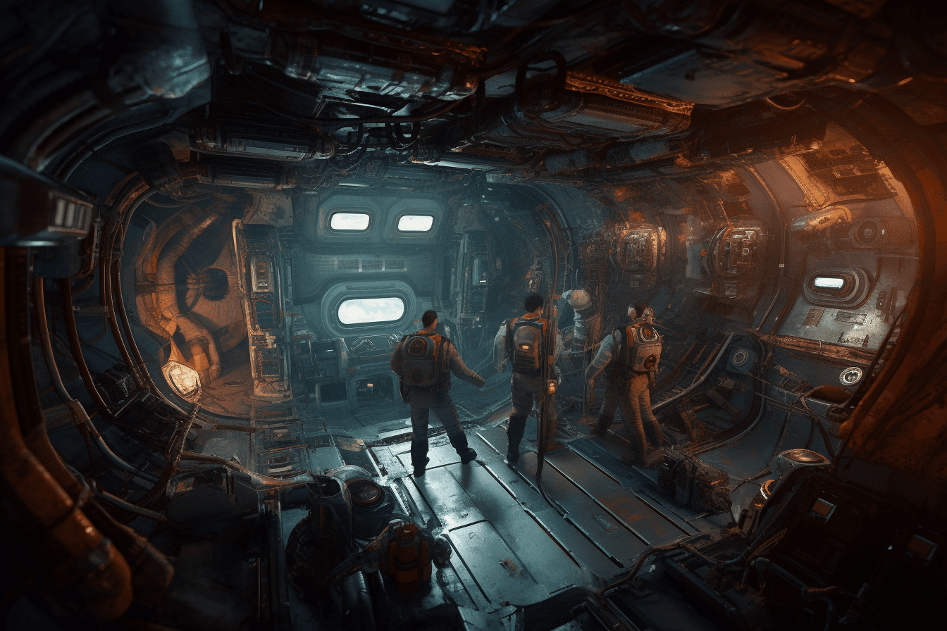 A group of AInauts and their AI companions exploring a massive, abandoned spacecraft floating in the depths of space.