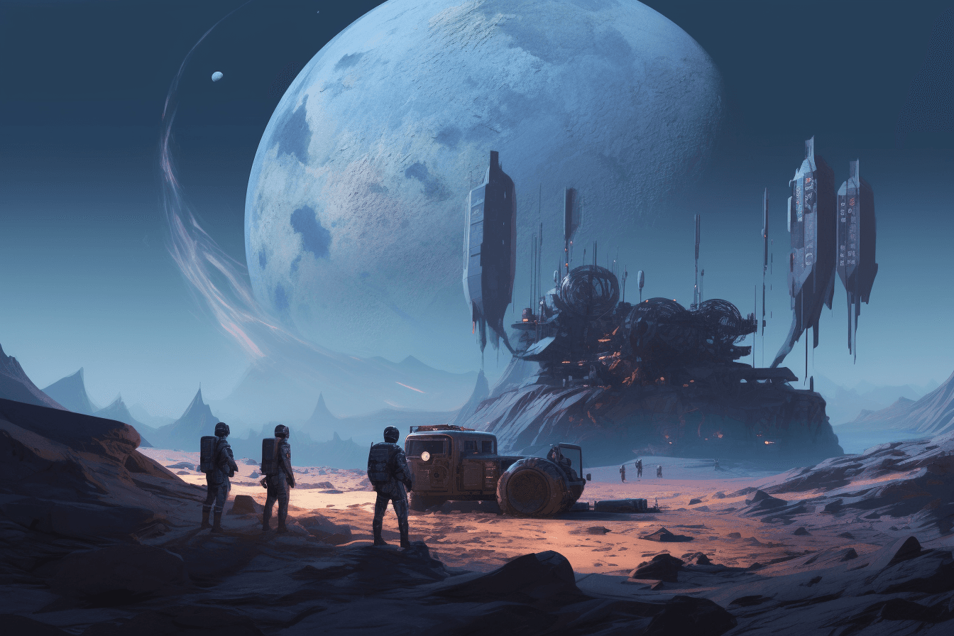 A group of AInauts conducting experiments on a distant moon, with a massive gas giant looming in the background.