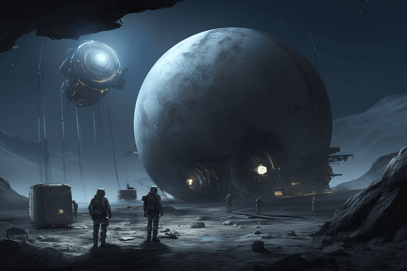 A group of AInauts conducting experiments on a distant moon, with a massive gas giant looming in the background.