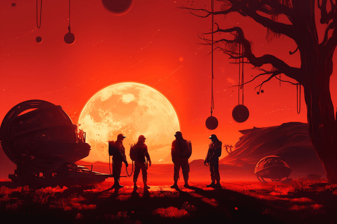 A group of AInauts conducting experiments on a distant planet, with a red sun setting behind them.