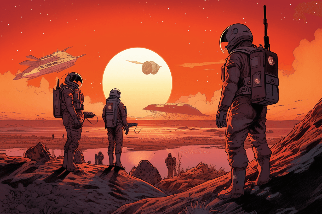 A group of AInauts conducting experiments on a distant planet, with a red sun setting behind them.