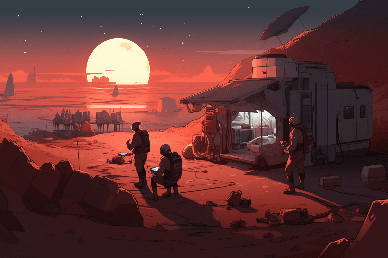 A group of AInauts conducting experiments on a distant planet, with a red sun setting behind them.