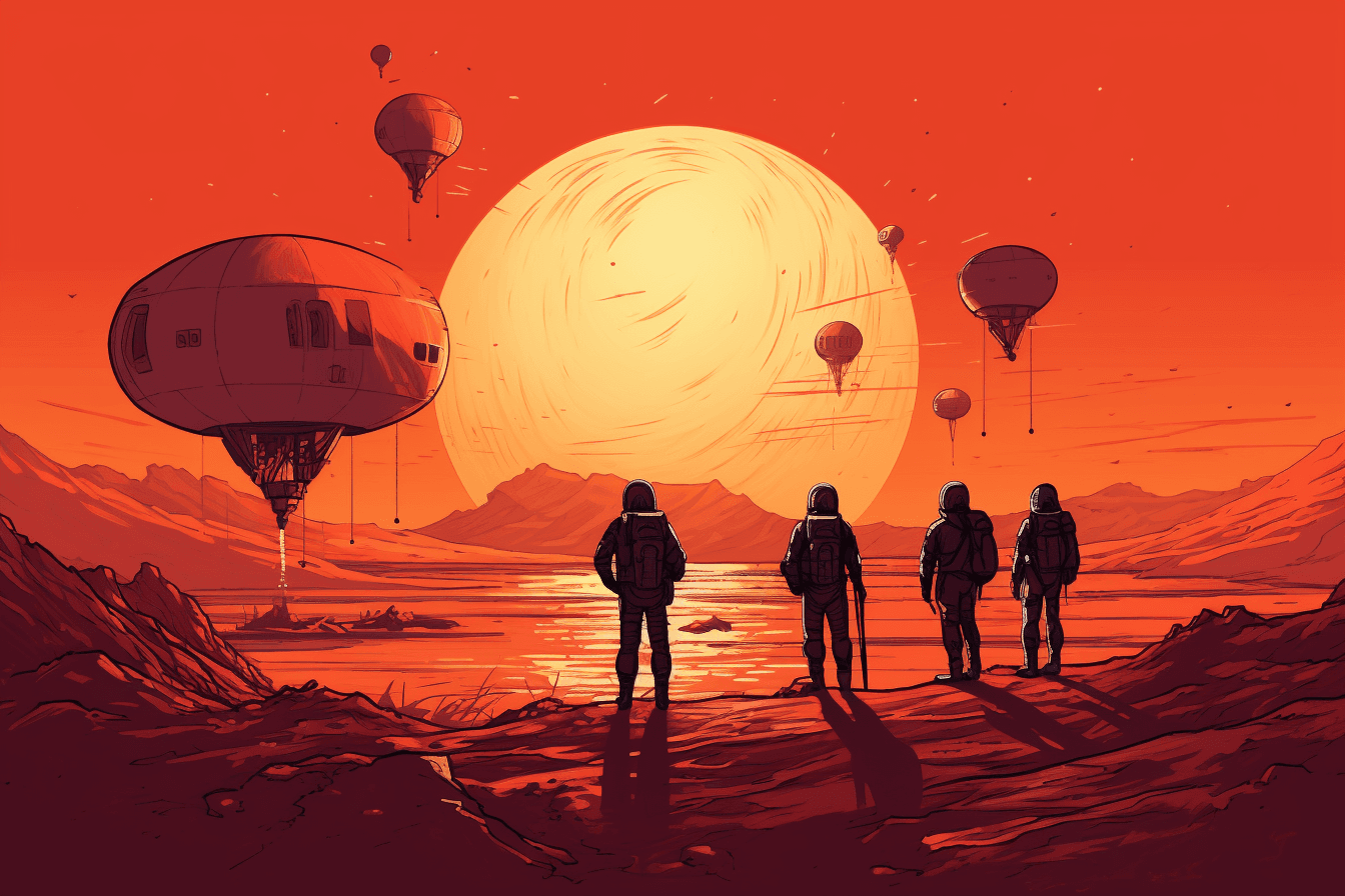 A group of AInauts conducting experiments on a distant planet, with a red sun setting behind them.