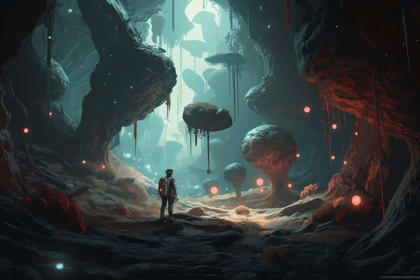 A group of AInauts exploring an underground cavern on a distant planet, with glowing fungi and strange creatures all around them.