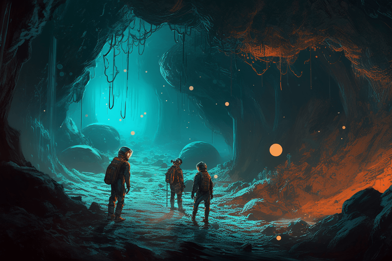 A group of AInauts exploring an underground cavern on a distant planet, with glowing fungi and strange creatures all around them.