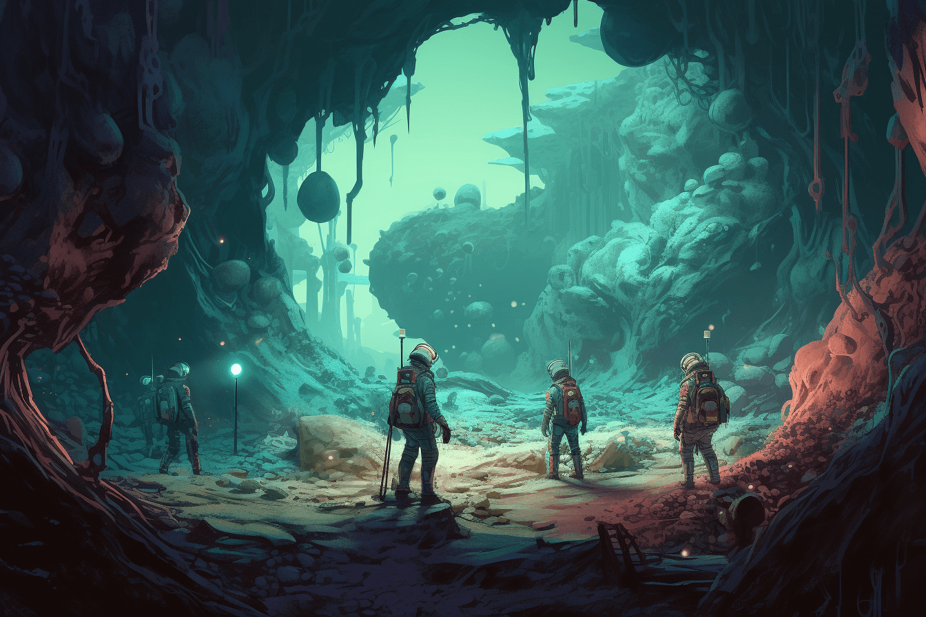 A group of AInauts exploring an underground cavern on a distant planet, with glowing fungi and strange creatures all around them.