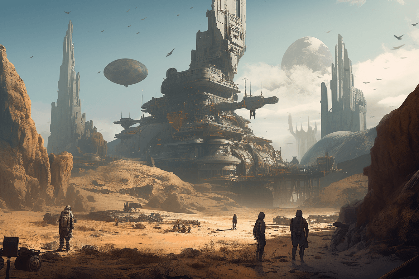 A group of AInauts exploring the ruins of an ancient civilization on a distant planet, with towering statues and temples all around them.