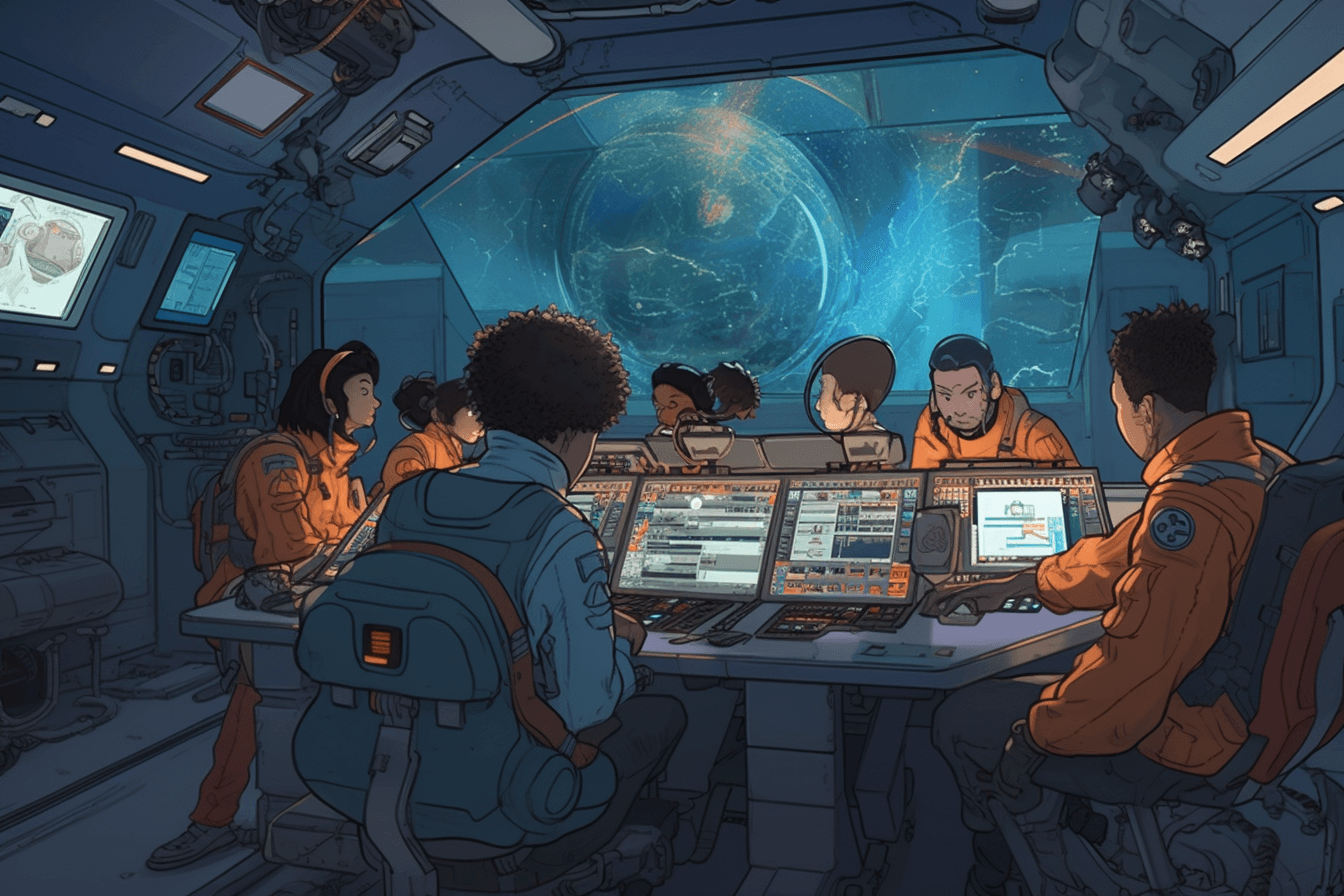 A group of AInauts in a space station watching as a massive asteroid hurtles towards Earth, with only their AI and technology to save them.