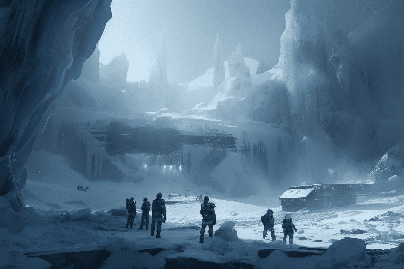 A group of AInauts in high-tech suits exploring a frozen wasteland on a distant planet, with towering ice formations all around them.