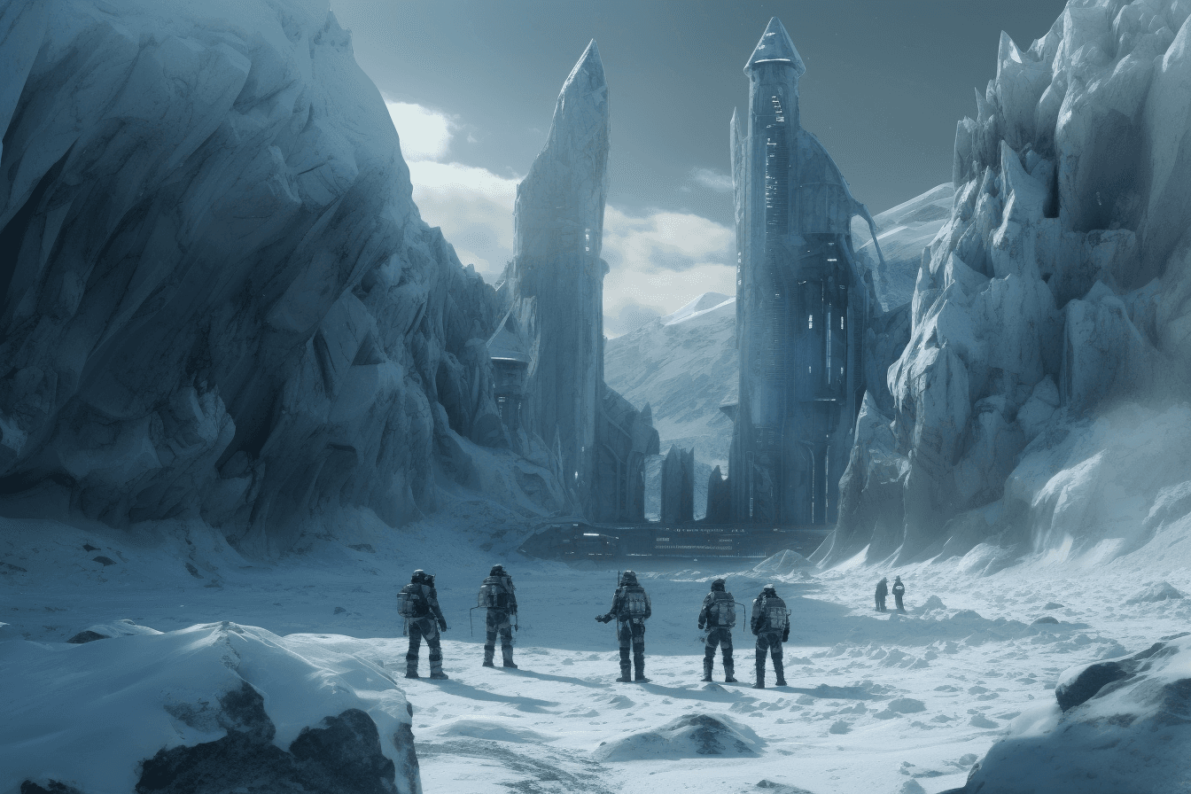 A group of AInauts in high-tech suits exploring a frozen wasteland on a distant planet, with towering ice formations all around them.