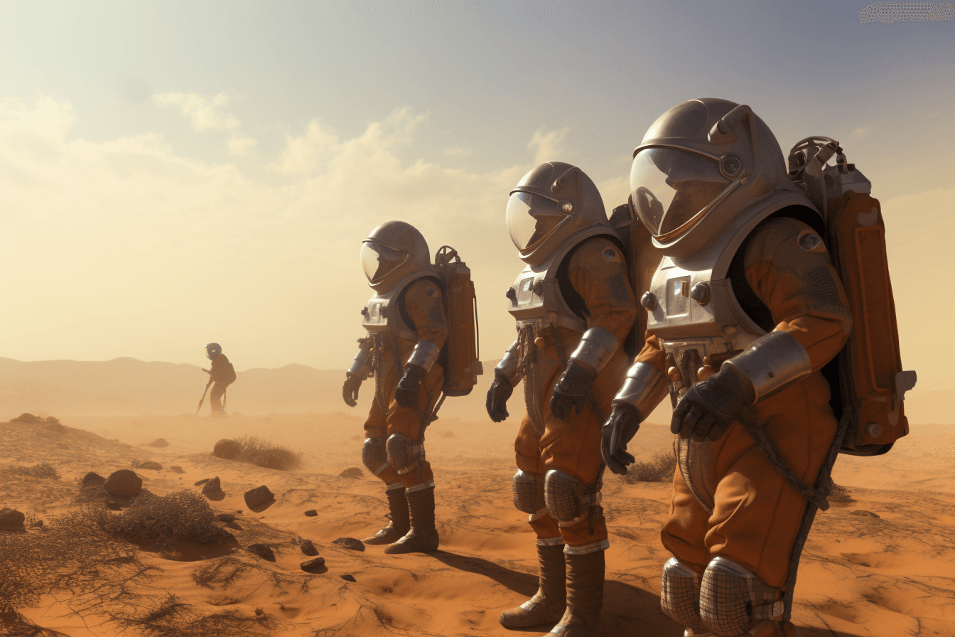 A group of AInauts in high-tech suits exploring the surface of a desert planet, with a massive sandstorm brewing in the distance.