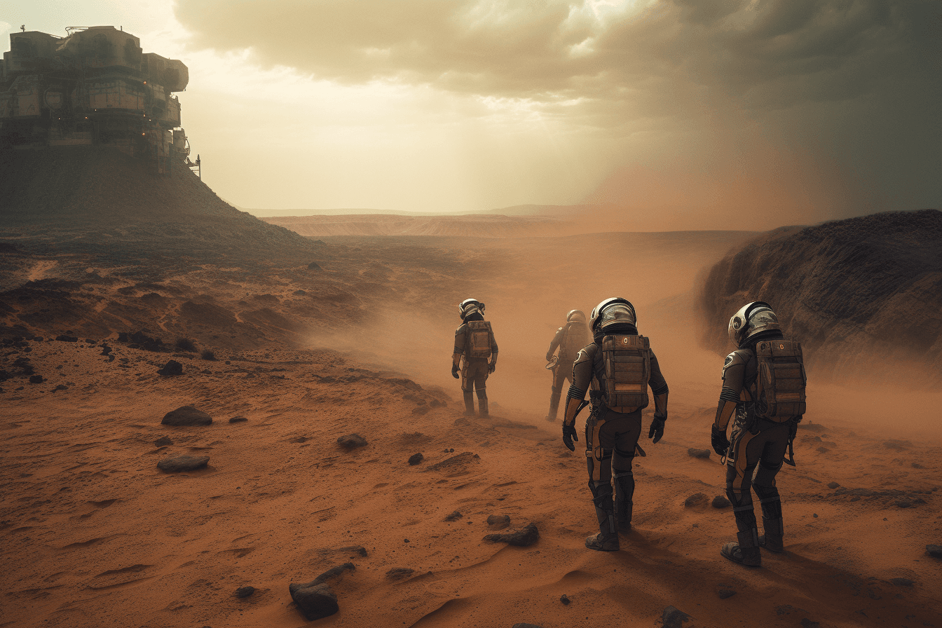 A group of AInauts in high-tech suits exploring the surface of a desert planet, with a massive sandstorm brewing in the distance.