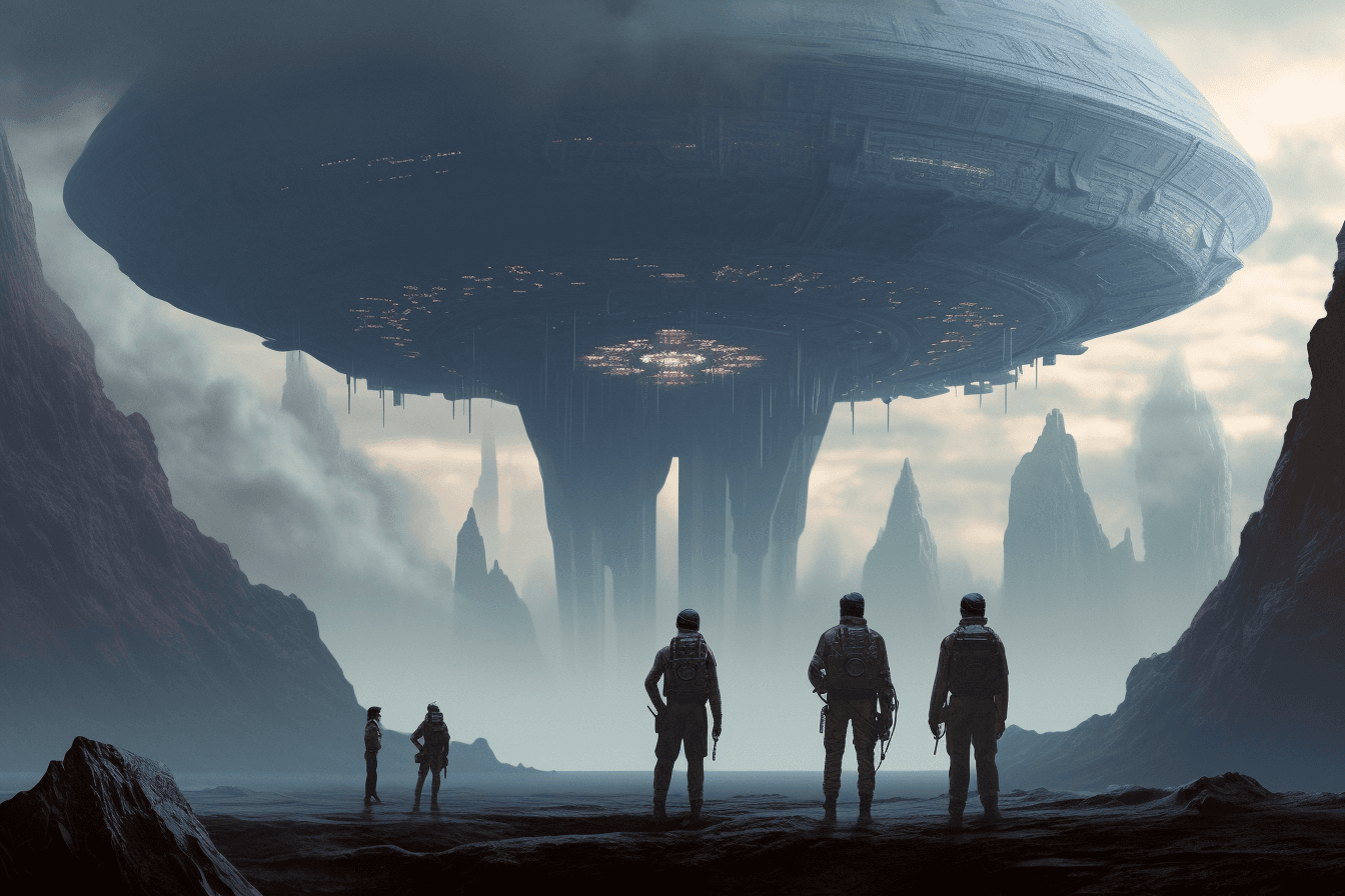 A group of AInauts standing on the surface of a distant planet, looking up at a massive, alien structure looming in the distance.