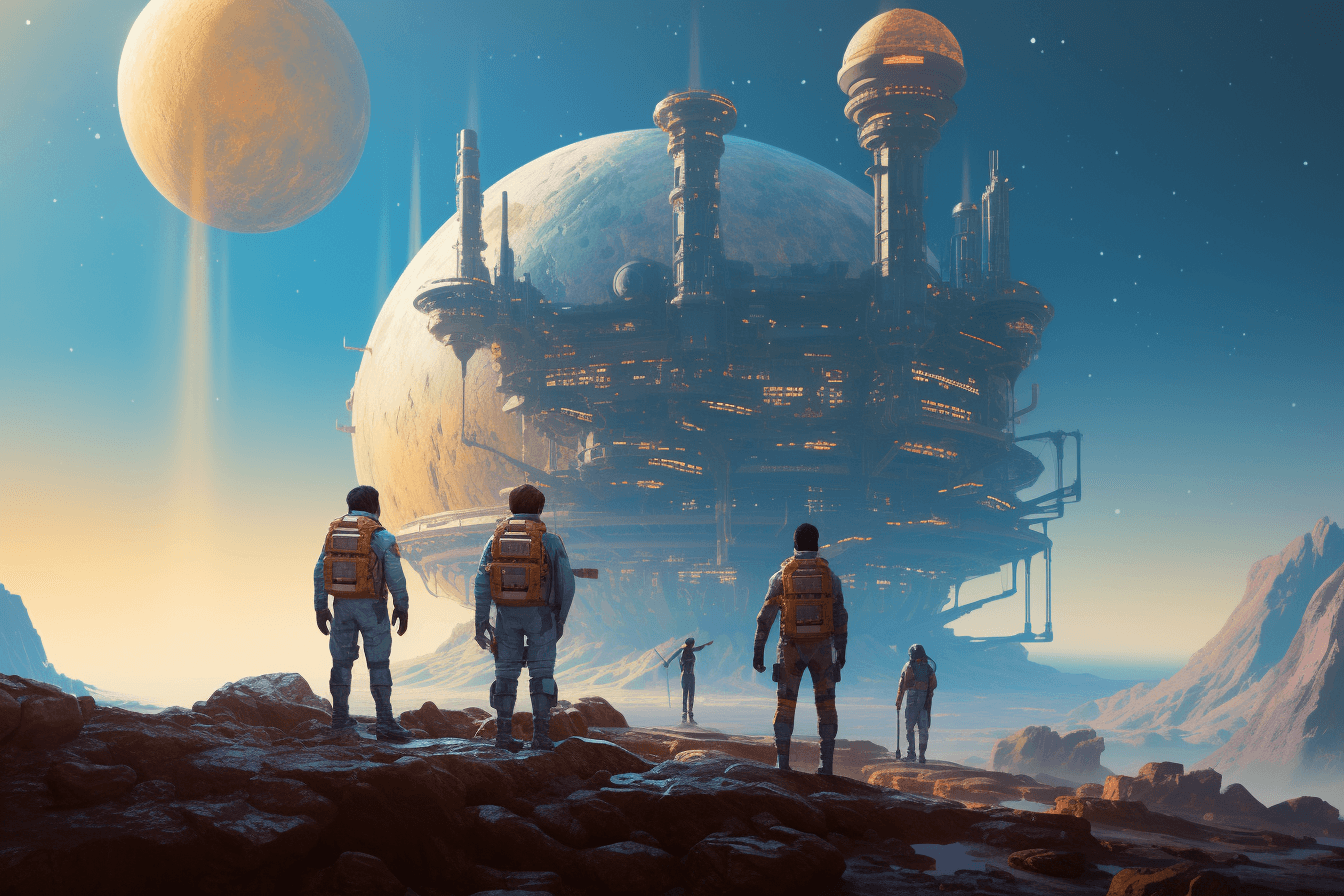 A group of AInauts standing on the surface of a distant planet, looking up at a massive, alien structure looming in the distance.