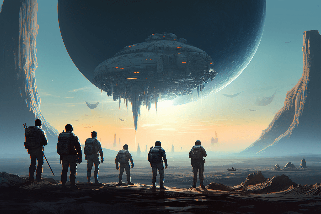 A group of AInauts standing on the surface of a distant planet, looking up at a massive, alien structure looming in the distance.