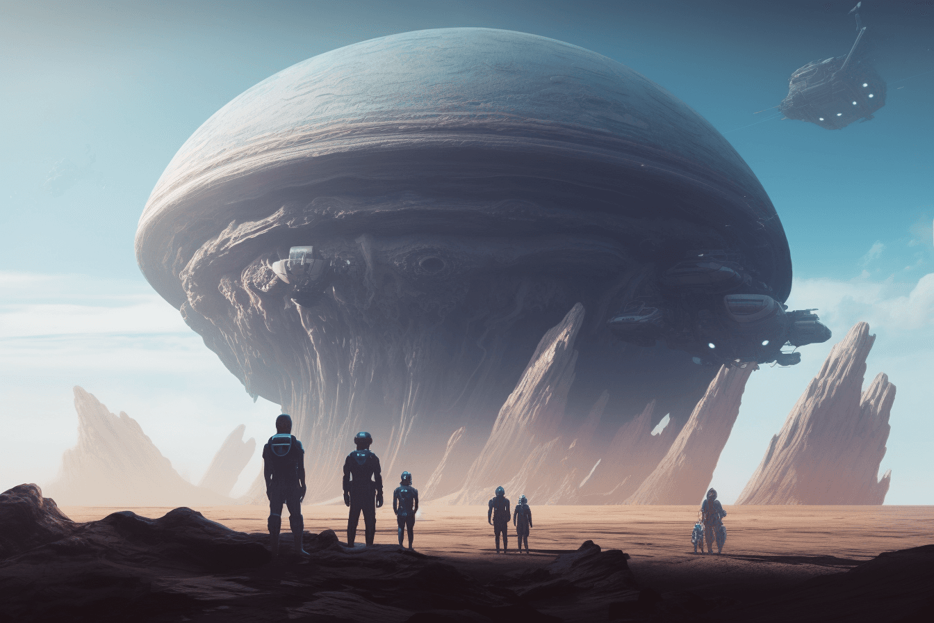 A group of AInauts standing on the surface of a distant planet, with a massive, alien structure towering above them.