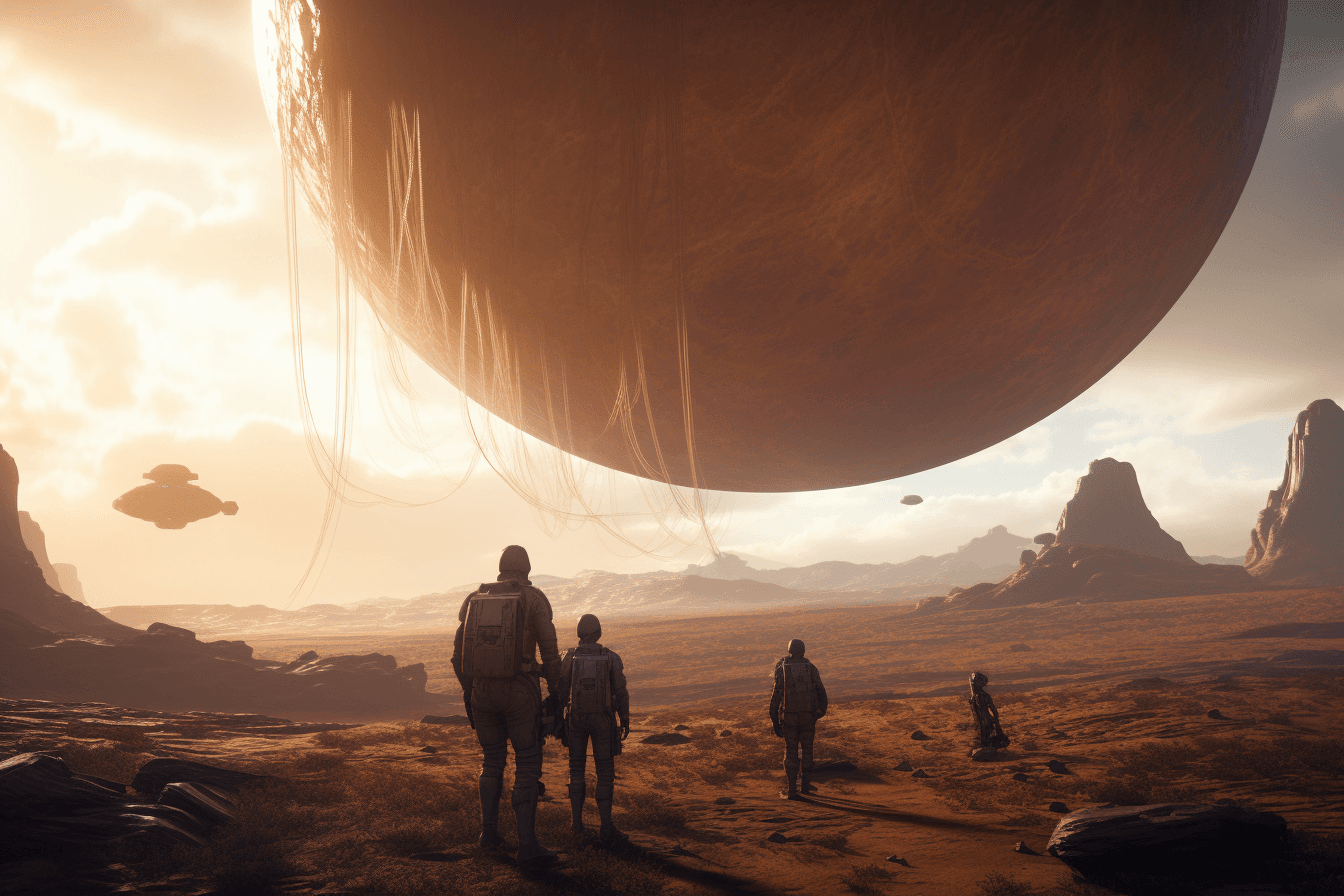 A group of AInauts standing on the surface of a distant planet, with a massive, alien structure towering above them.