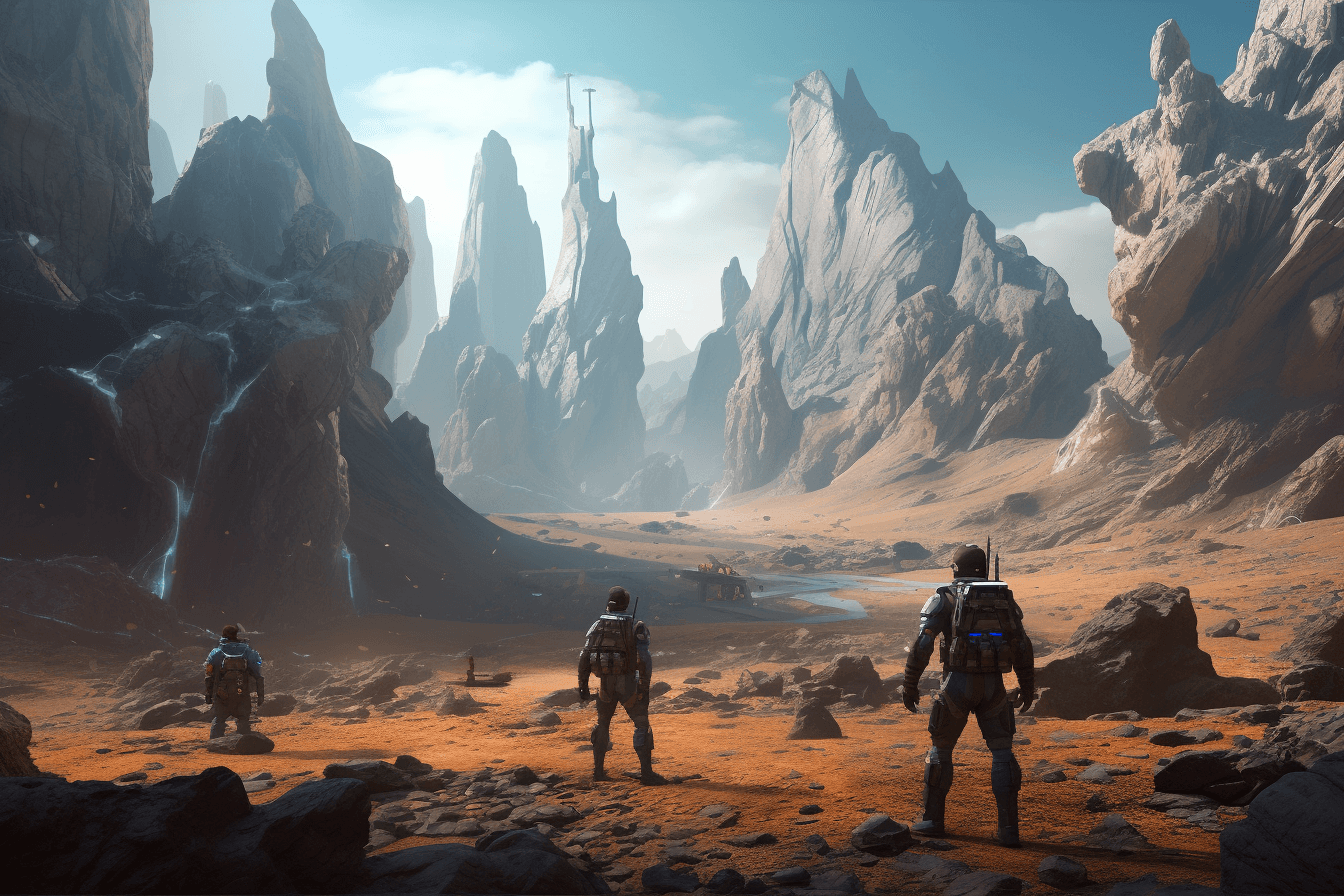 A group of AInauts standing on the surface of a massive, rocky planet, with towering mountains and deep canyons all around them.