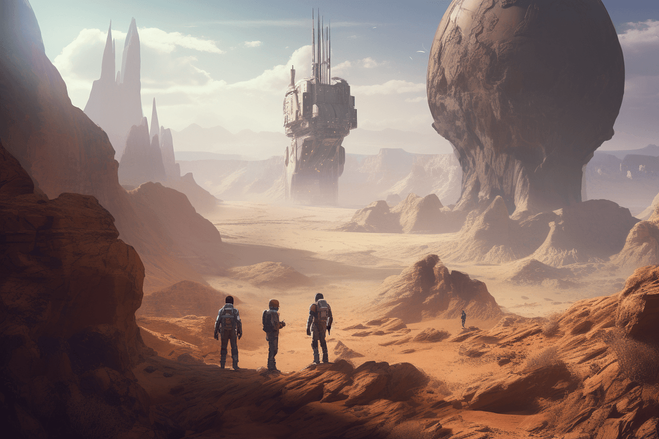 A group of AInauts standing on the surface of a massive, rocky planet, with towering mountains and deep canyons all around them.