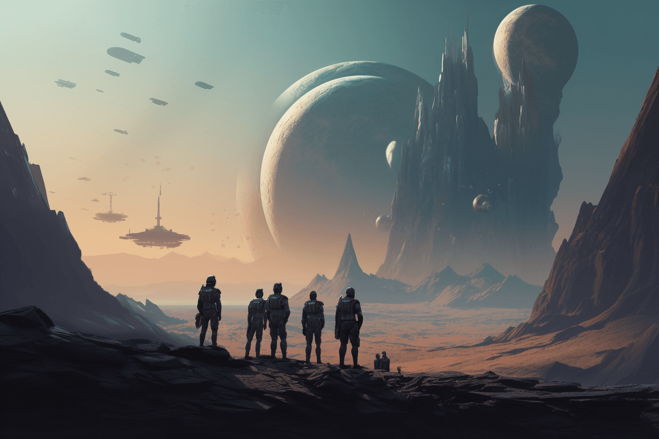 A group of AInauts standing on the surface of a massive, rocky planet, with towering mountains and deep canyons all around them.