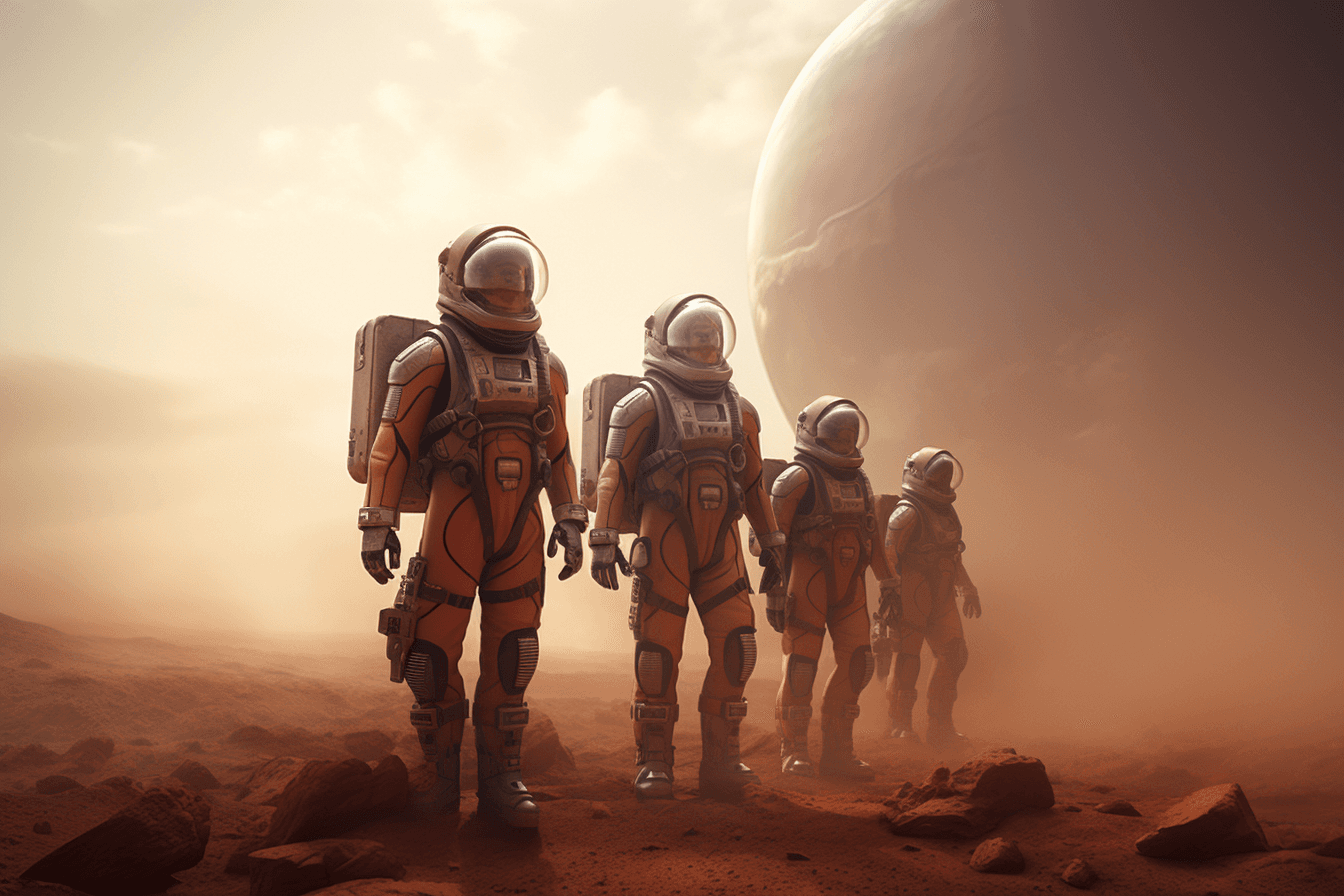 A group of AInauts standing on the surface of a red planet, with towering dust storms raging in the distance.