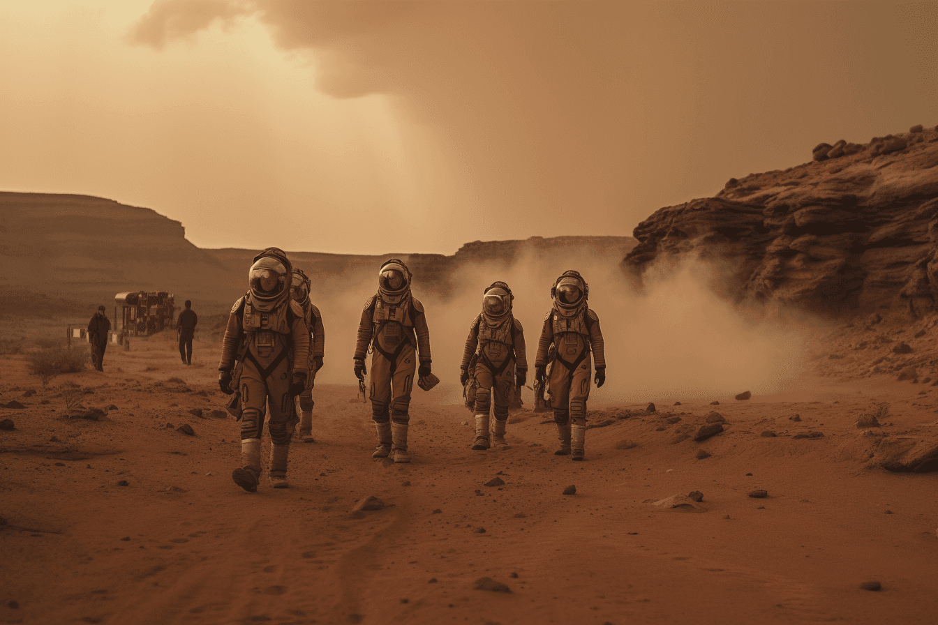 A group of AInauts standing on the surface of a red planet, with towering dust storms raging in the distance.