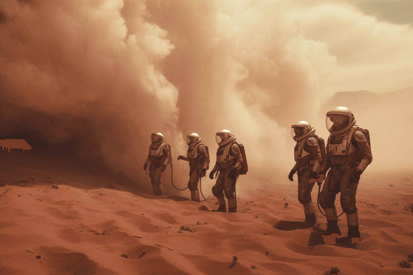 A group of AInauts standing on the surface of a red planet, with towering dust storms raging in the distance.