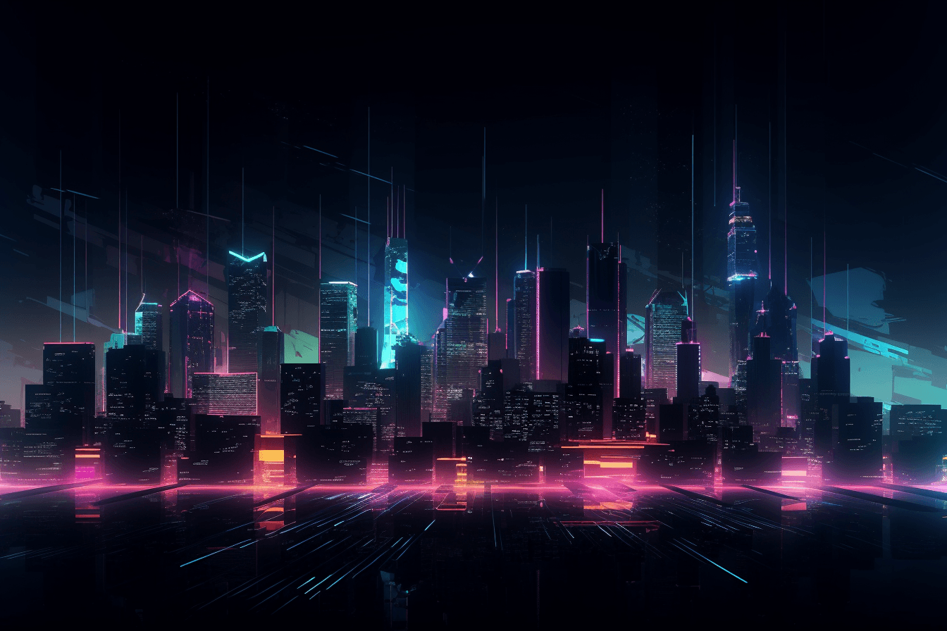 A minimalist graphic of a futuristic cityscape, with glowing neon lights and a dark and moody color scheme.