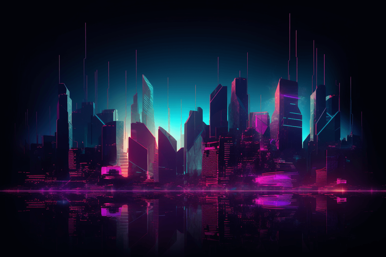 A minimalist graphic of a futuristic cityscape, with glowing neon lights and a dark and moody color scheme.