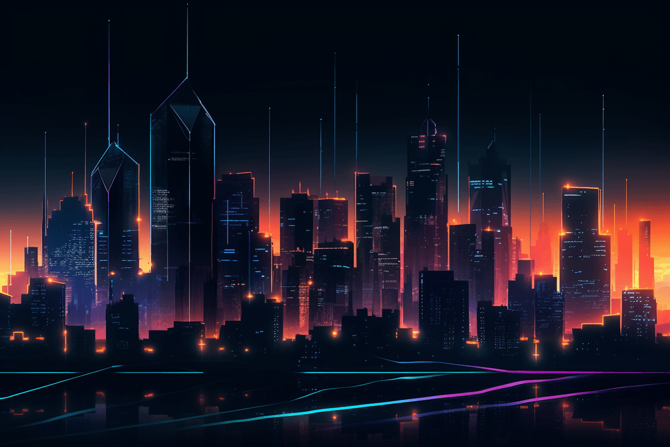 A minimalist graphic of a futuristic cityscape, with glowing neon lights and a dark and moody color scheme.