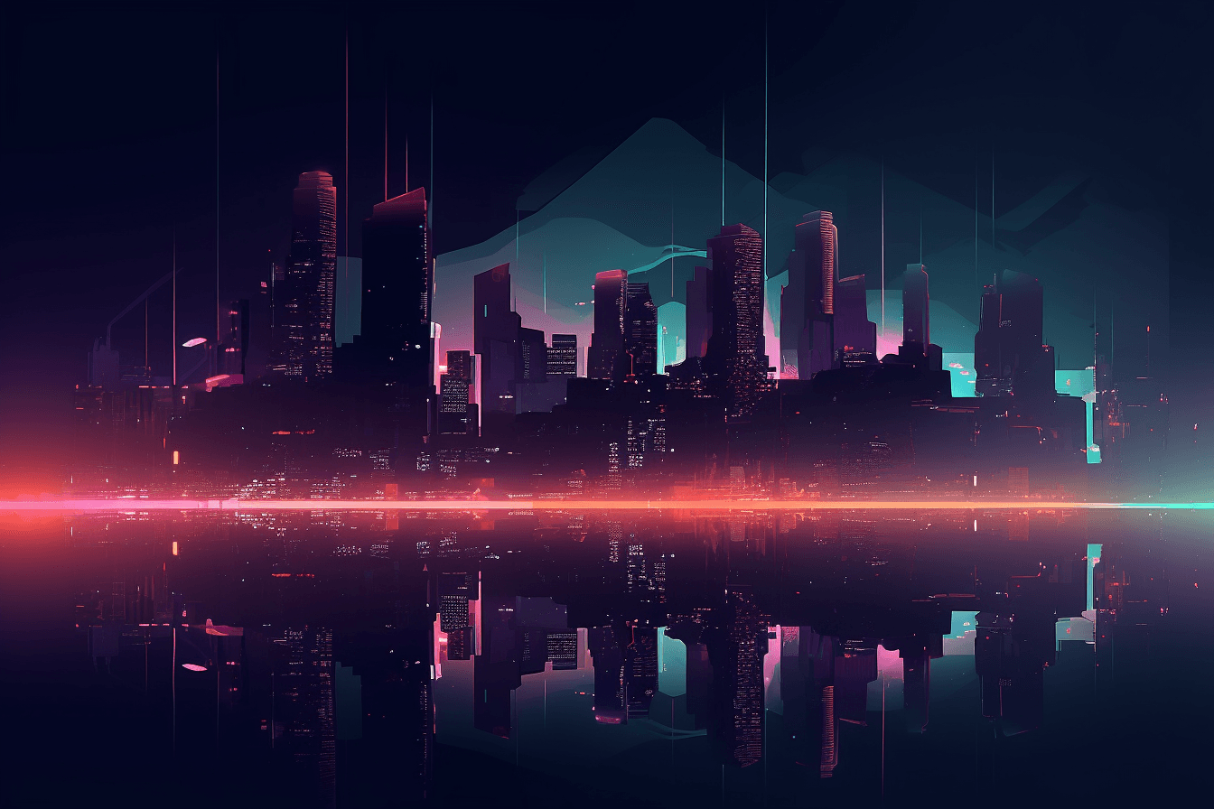 A minimalist graphic of a futuristic cityscape, with glowing neon lights and a dark and moody color scheme.