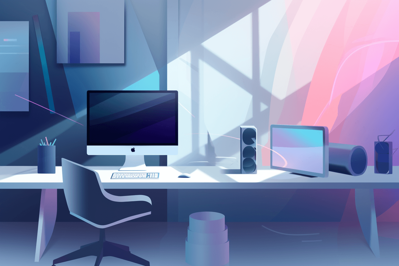 A minimalist graphic of a futuristic workspace, with sleek lines and a modern color scheme.