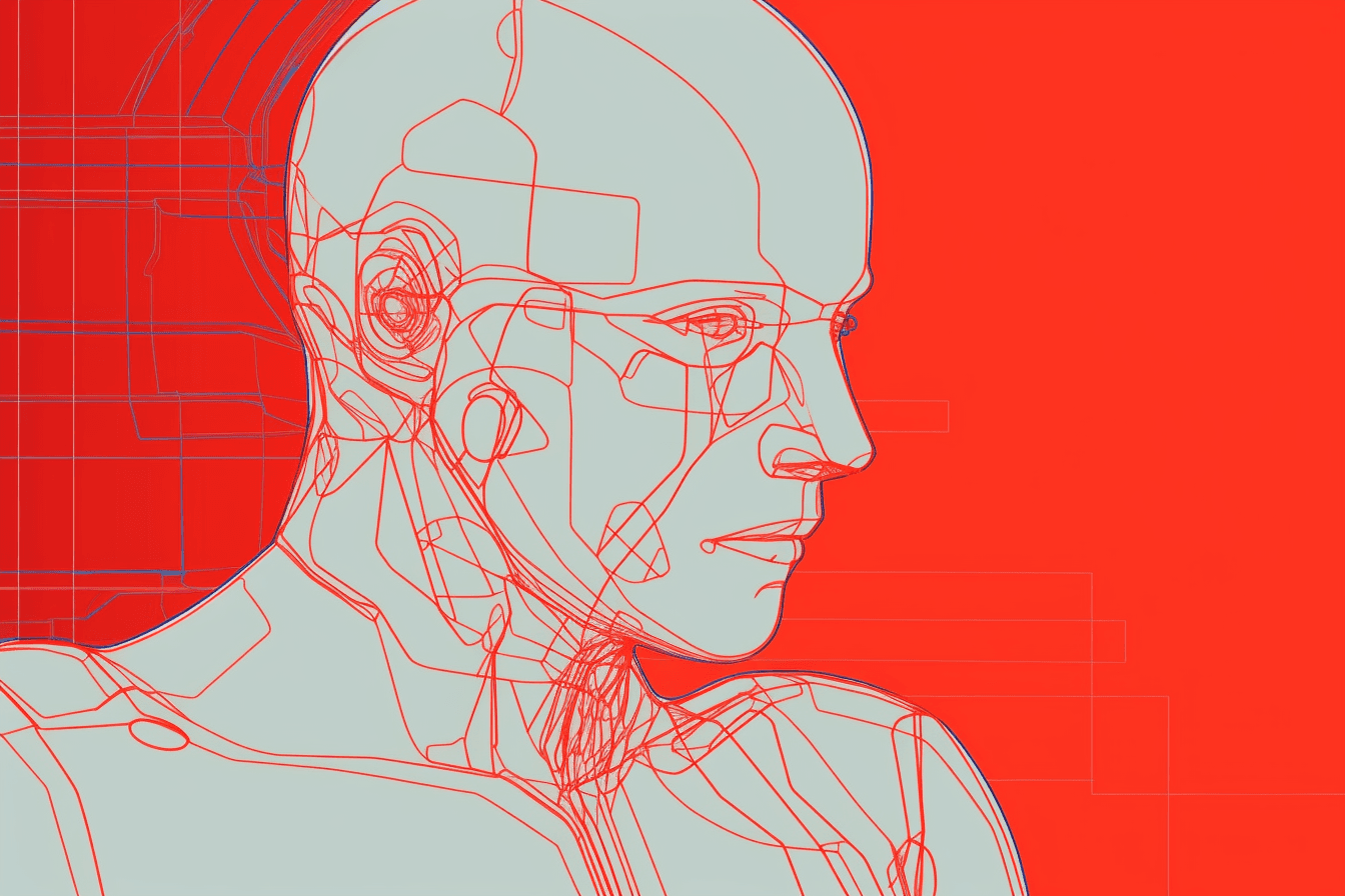 A minimalist wallpaper with a single line drawing of a cyborg, in a striking color such as bright red or blue.