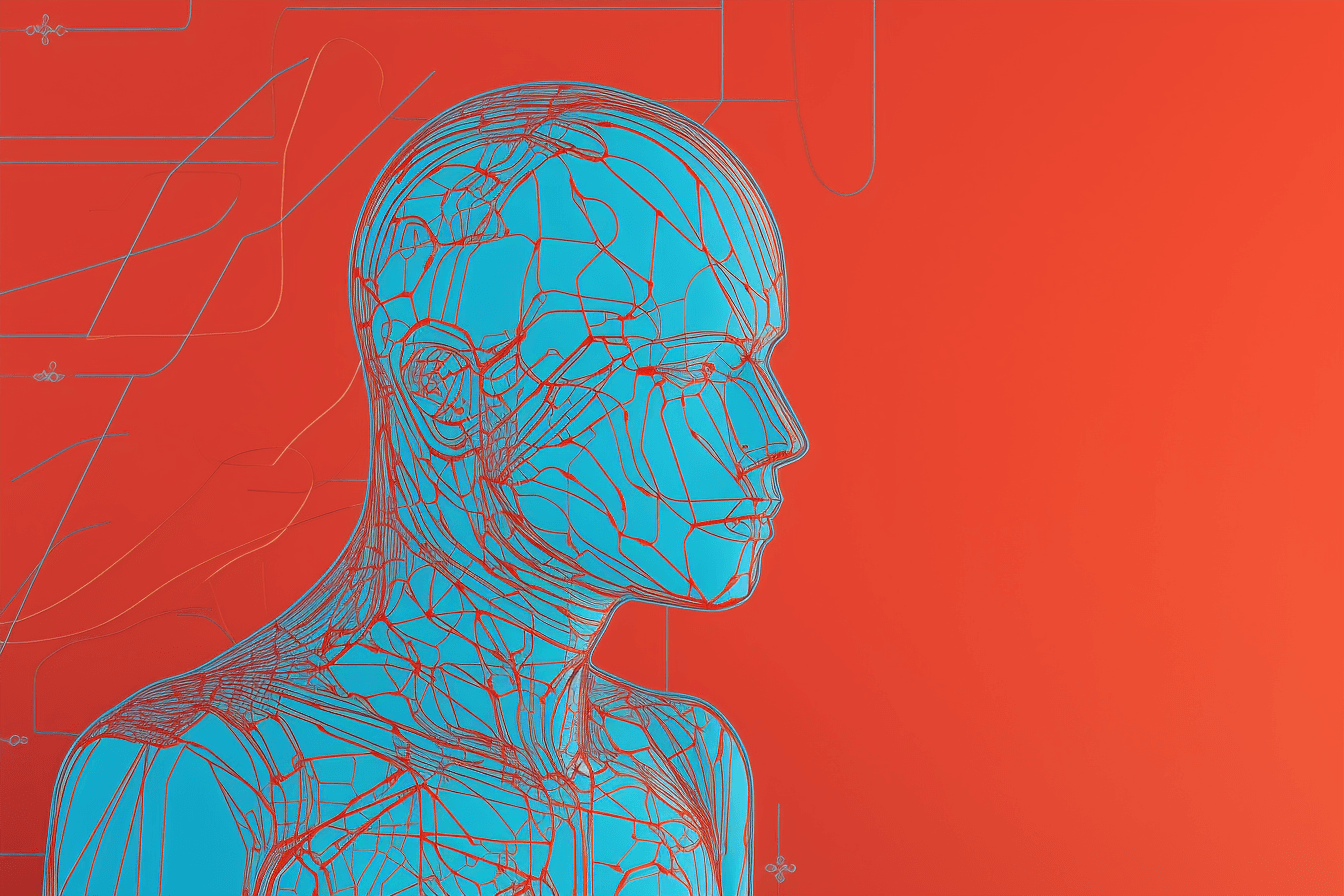 A minimalist wallpaper with a single line drawing of a cyborg, in a striking color such as bright red or blue.