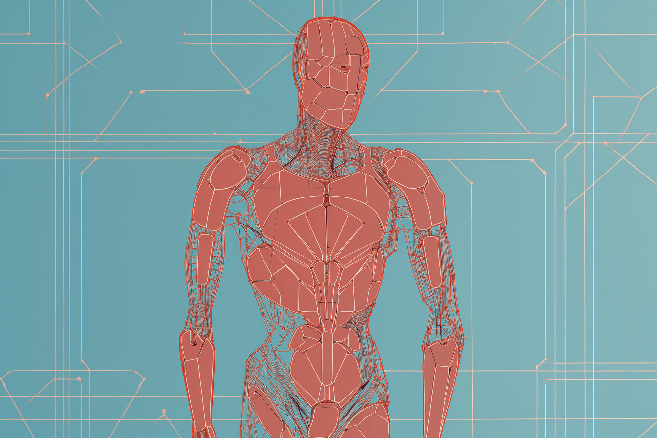 A minimalist wallpaper with a single line drawing of a cyborg, in a striking color such as bright red or blue.