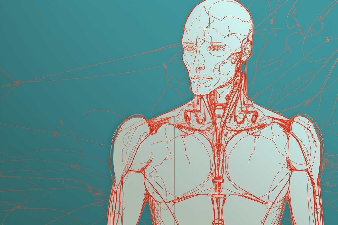 A minimalist wallpaper with a single line drawing of a cyborg, in a striking color such as bright red or blue.