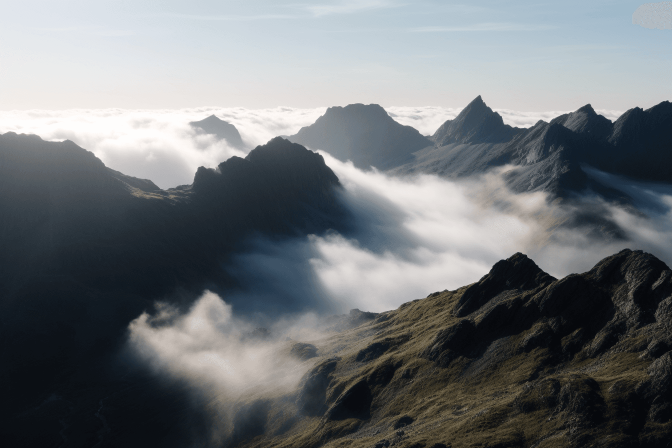 A panoramic image of a mountain range, with mist and clouds drifting through the peaks.