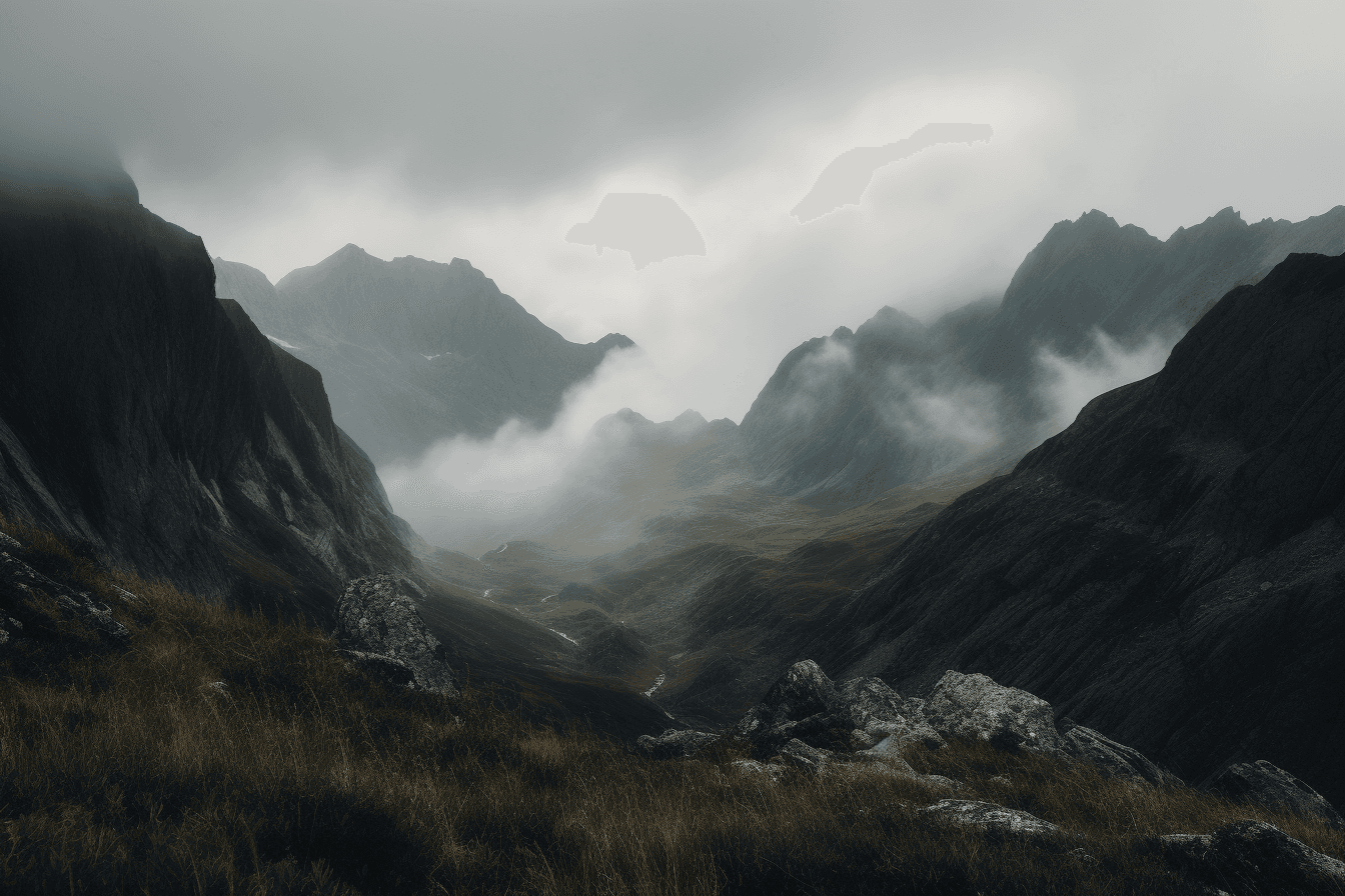 A panoramic image of a mountain range, with mist and clouds drifting through the peaks.