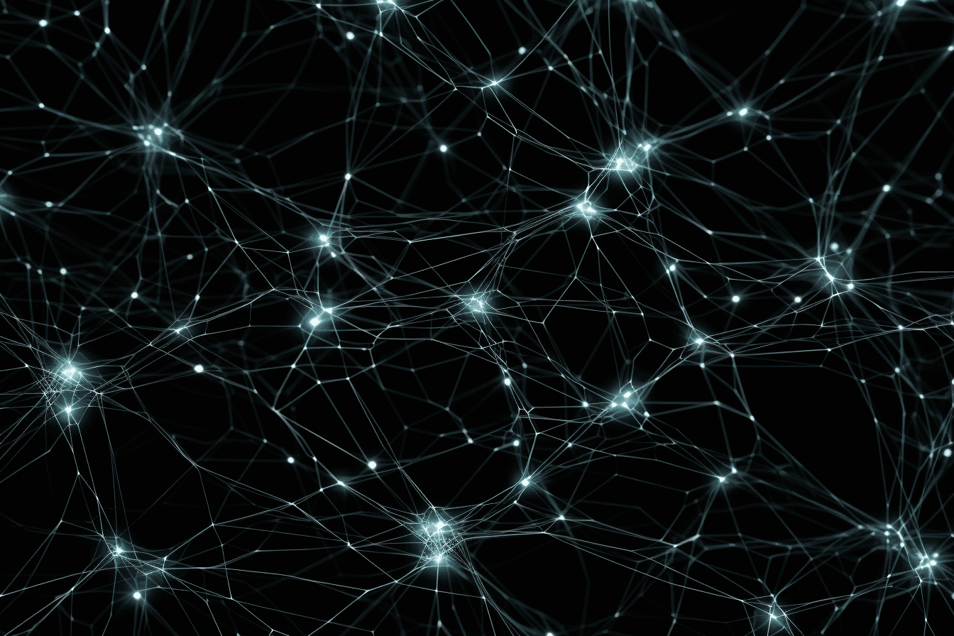 A pattern of interconnected nodes and lines resembling a neural network