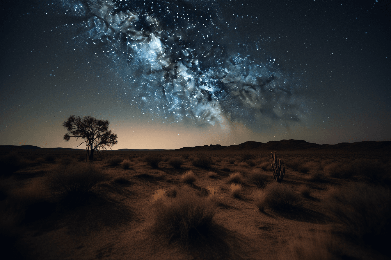 A photograph of a desert landscape at night, with the stars visible in the sky above.