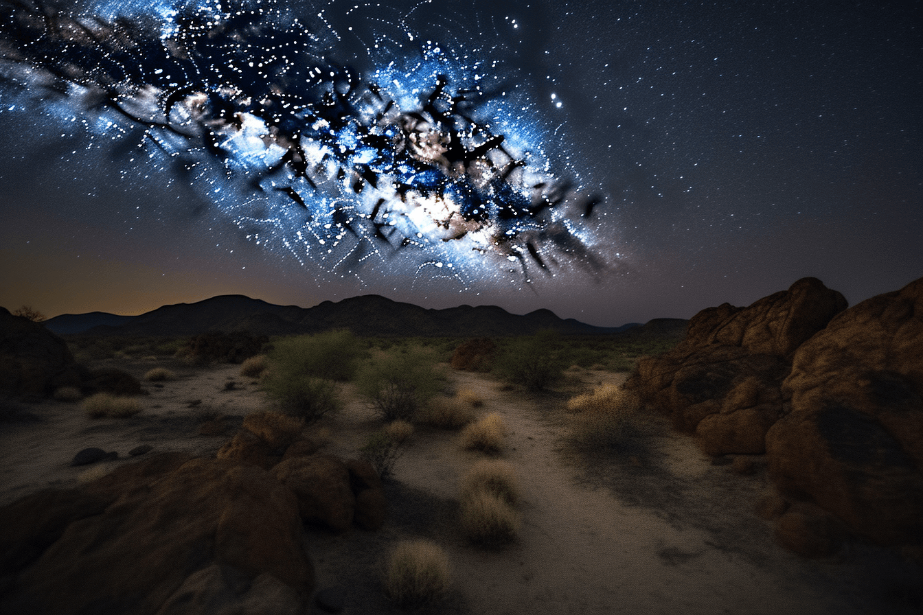 A photograph of a desert landscape at night, with the stars visible in the sky above.