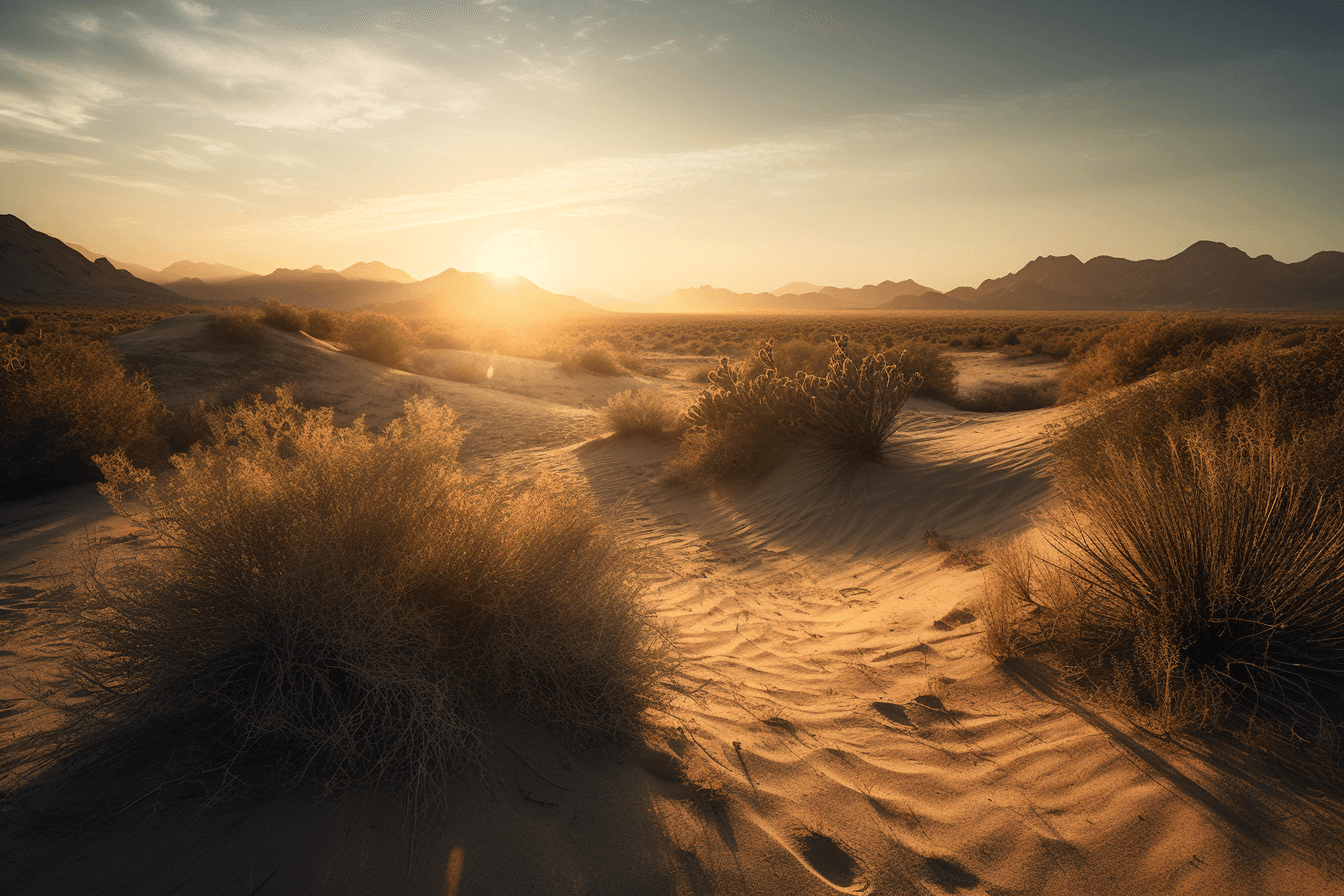 A photograph of a desert landscape at sunset, with warm colors and long shadows.