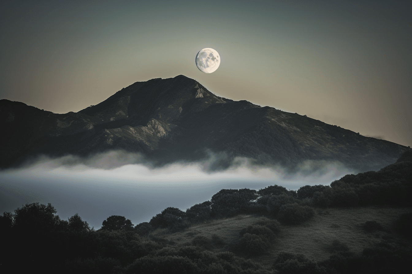 A photograph of a full moon rising over a mountain range, with mist and clouds adding to the sense of mystery.